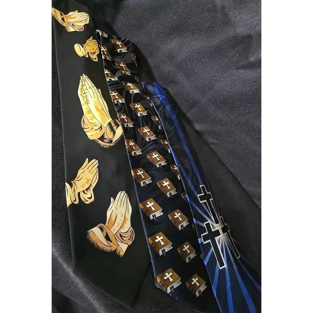 Lot Of 3 Men's Neckties Religious Ties Praying Hands Cross Bible Preacher Pastor